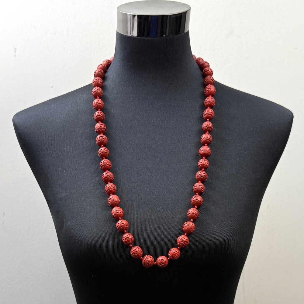 Vintage Asian Carved Red Cinnabar Bead Necklace Gold Tone Clasp 15.5 in L